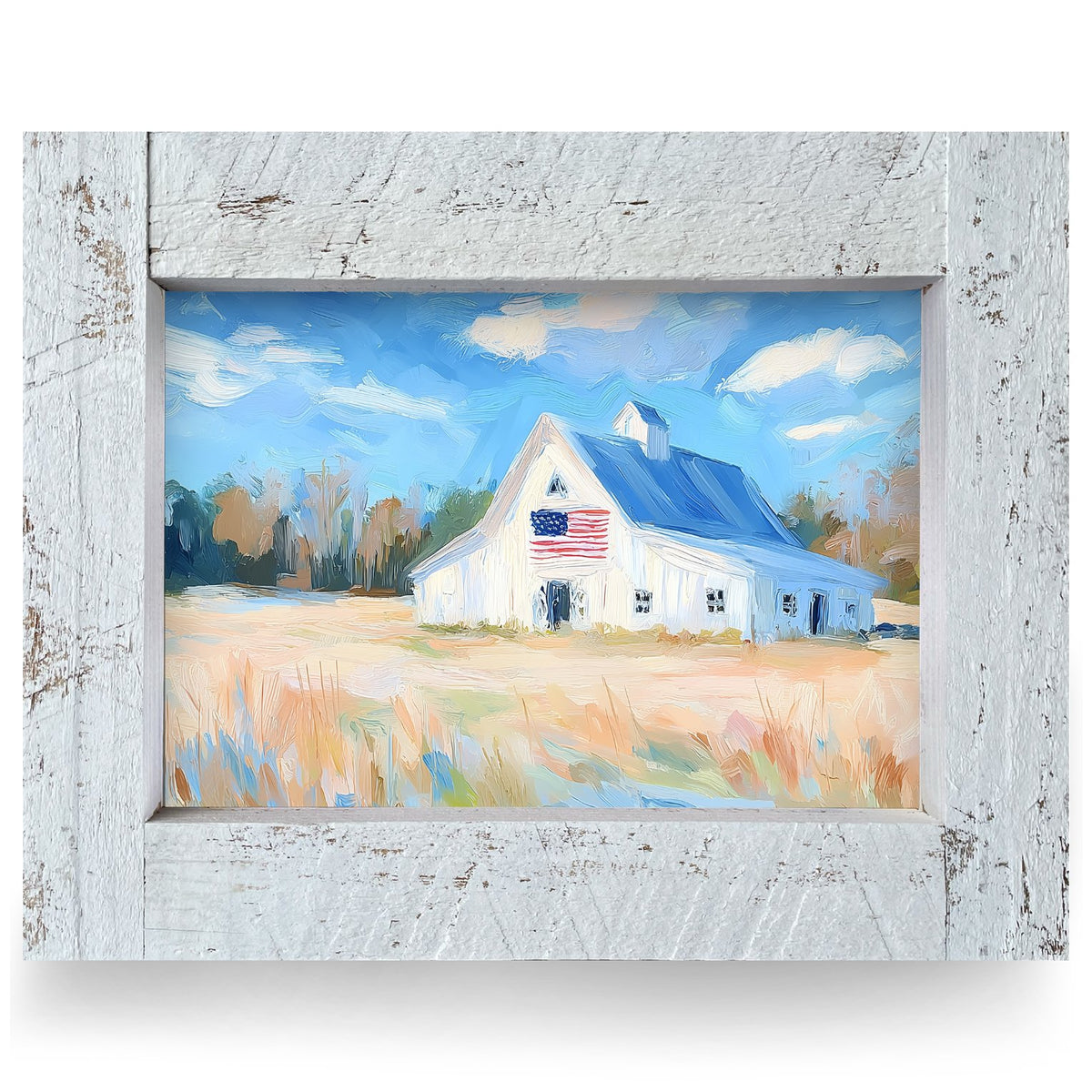 American Flag White Barn | Real Wood Framed Wall Art Print