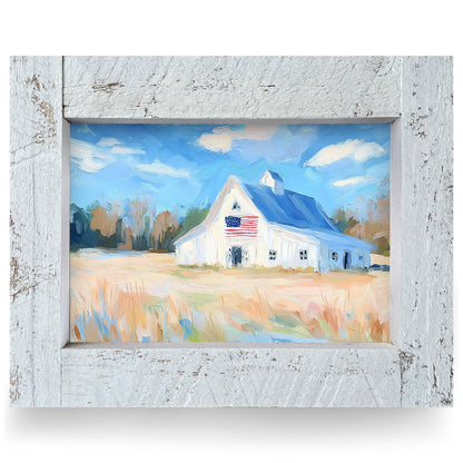 American Flag White Barn | Real Wood Framed Wall Art Print
