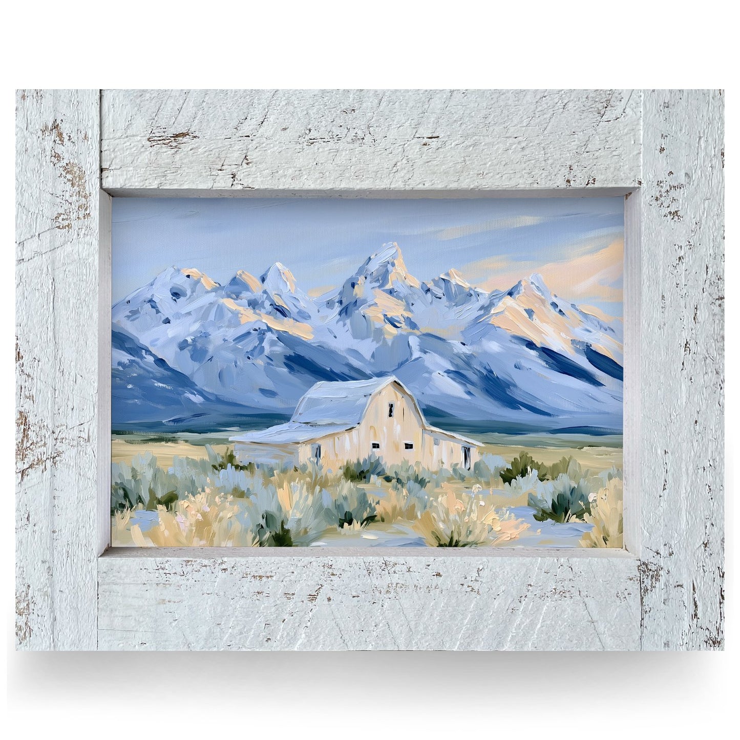 Snowy Peaks Rustic Barn | Real Wood Framed Wall Art Print