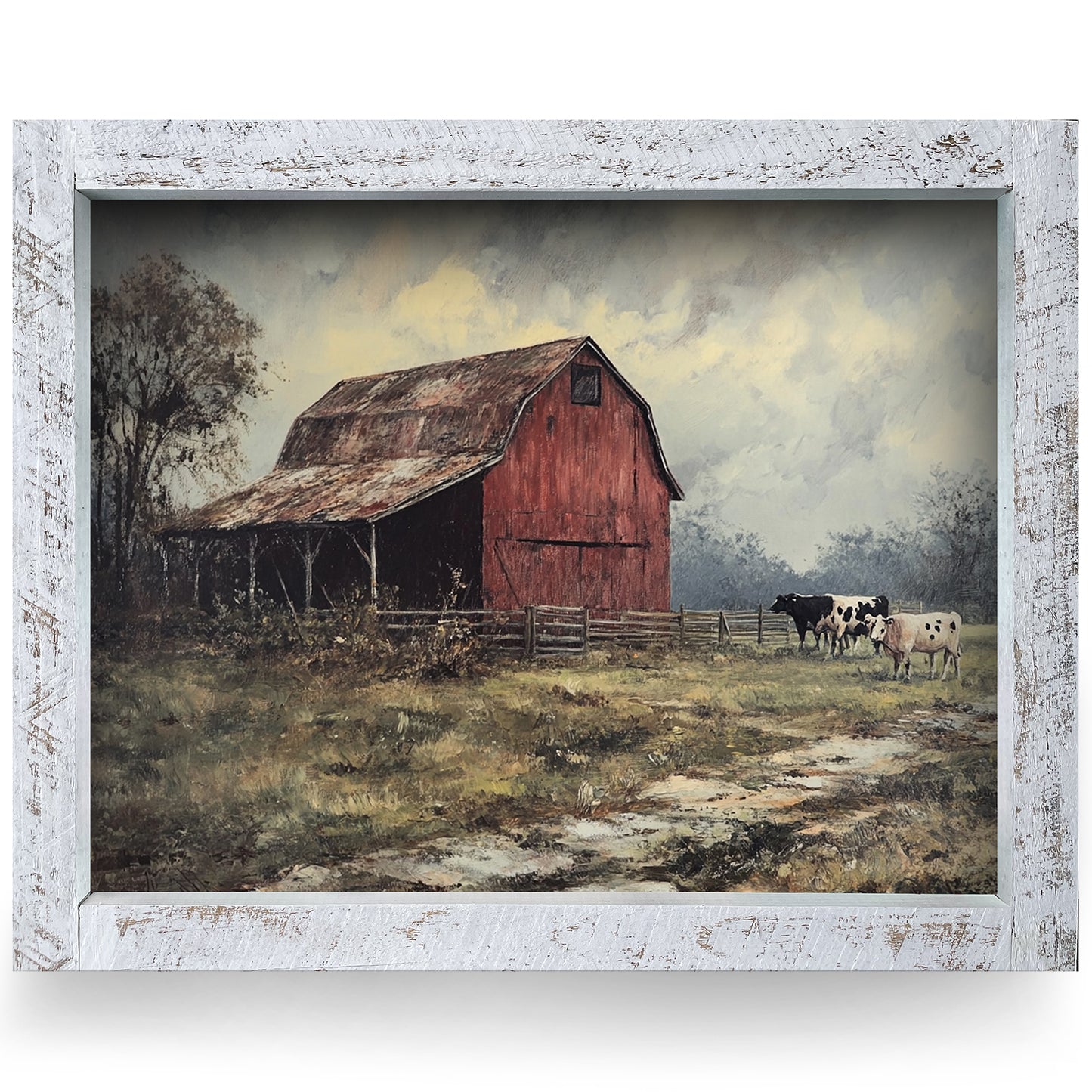 Rustic Barn with Cows | Real Wood Framed Wall Art Print | Horizontal