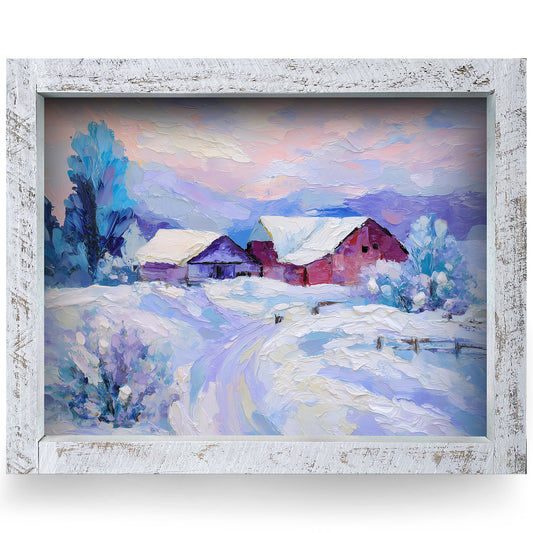 Winter Farm Scene | Real Wood Framed Wall Art Print | Horizontal