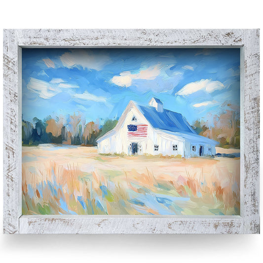 American Flag White Barn | Real Wood Framed Wall Art Print