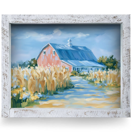 Pink Barn Golden Cornfield | Real Wood Framed Wall Art Print