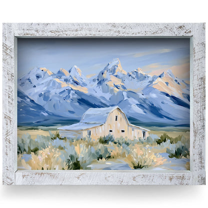 Snowy Peaks Rustic Barn | Real Wood Framed Wall Art Print