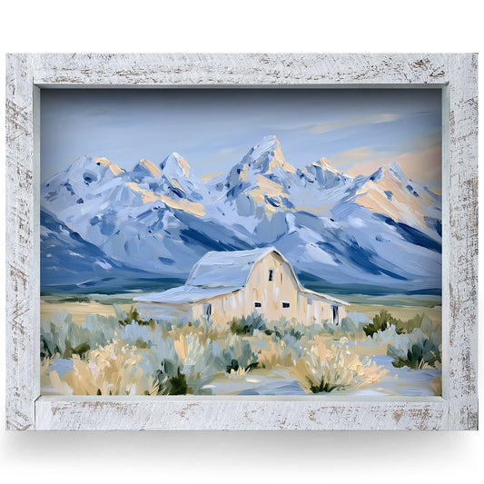 Snowy Peaks Rustic Barn | Real Wood Framed Wall Art Print