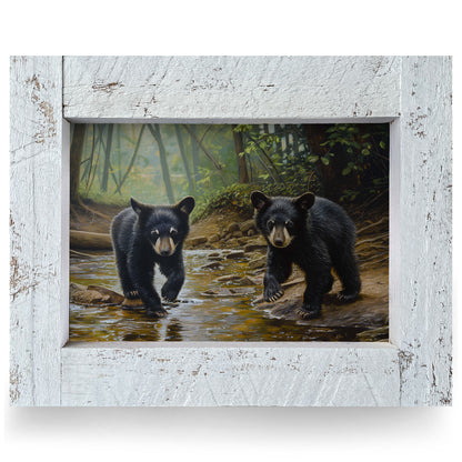 Playful Black Bear Cubs | Real Wood Framed Wall Art Print