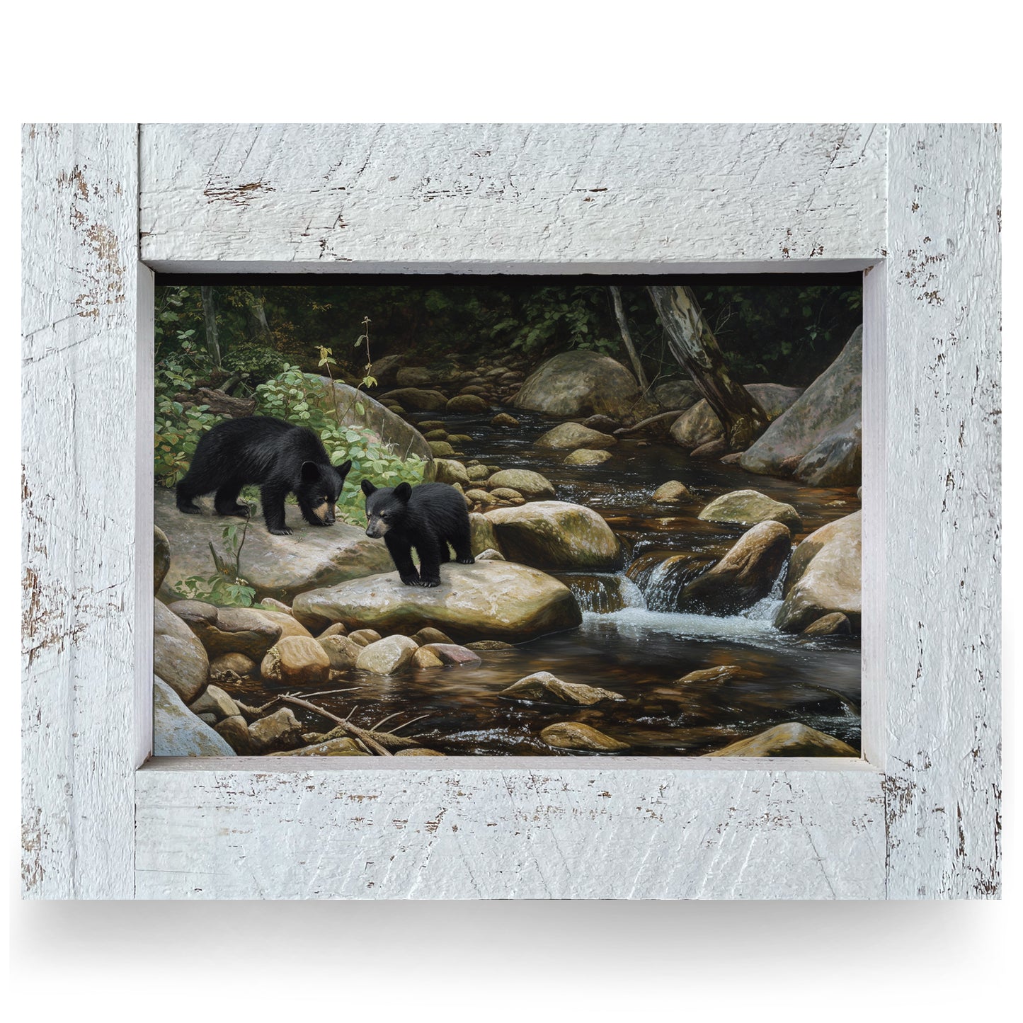 Streamside Black Bear Cubs| Real Wood Framed Wall Art Print