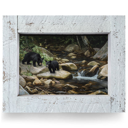 Streamside Black Bear Cubs| Real Wood Framed Wall Art Print