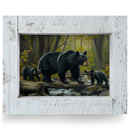 Black Bear Family | Real Wood Framed Wall Art Print