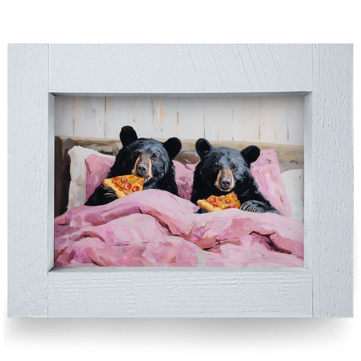 Bear-flix & Pizza | Real Wood Framed Wall Art Print | Horizontal