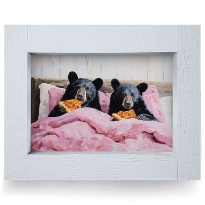 Bear-flix & Pizza | Real Wood Framed Wall Art Print | Horizontal