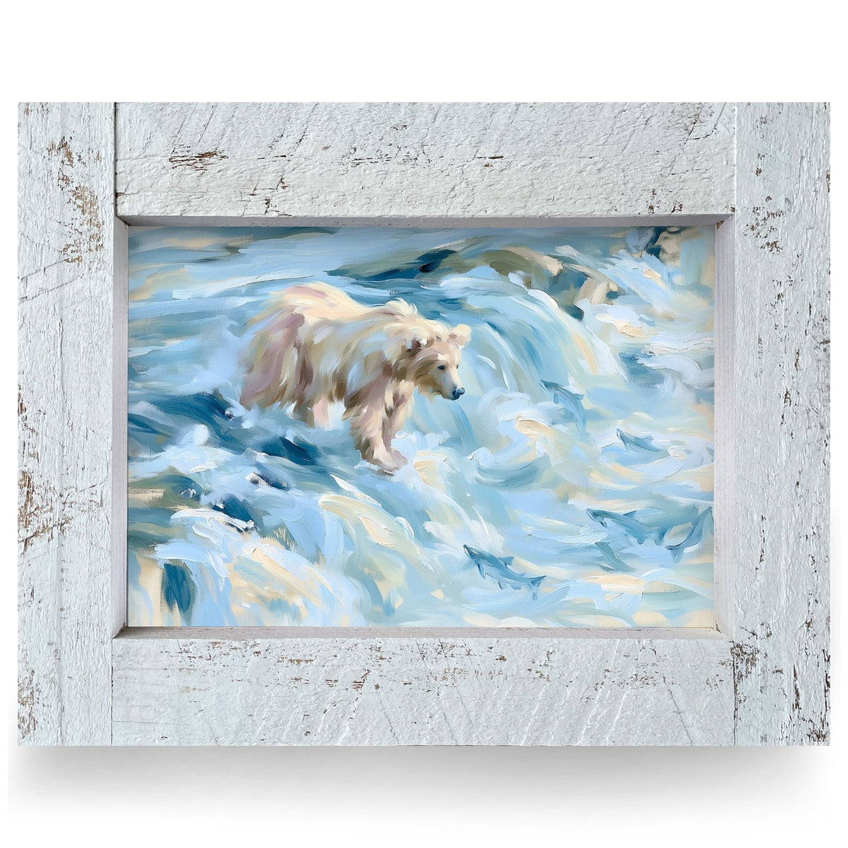 Polar Bear Salmon Run | Real Wood Framed Wall Art Print