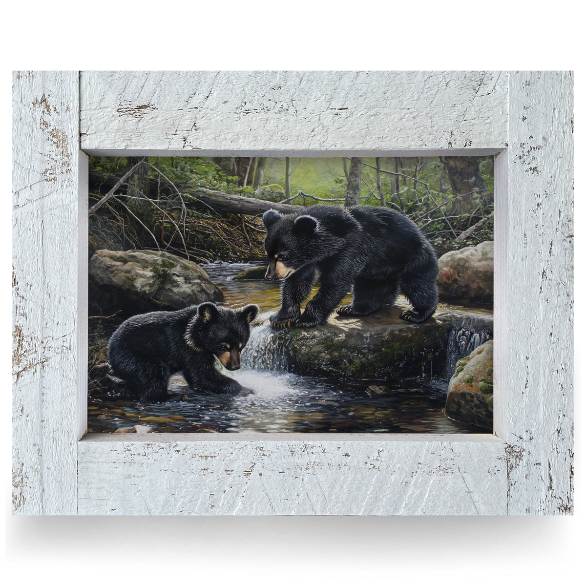 Bear Cubs Woodland Stream | Real Wood Framed Wall Art Print