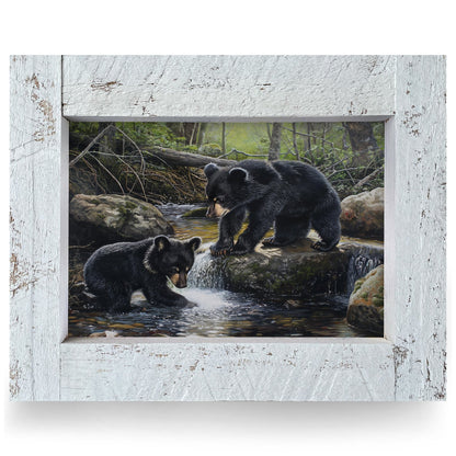 Bear Cubs Woodland Stream | Real Wood Framed Wall Art Print