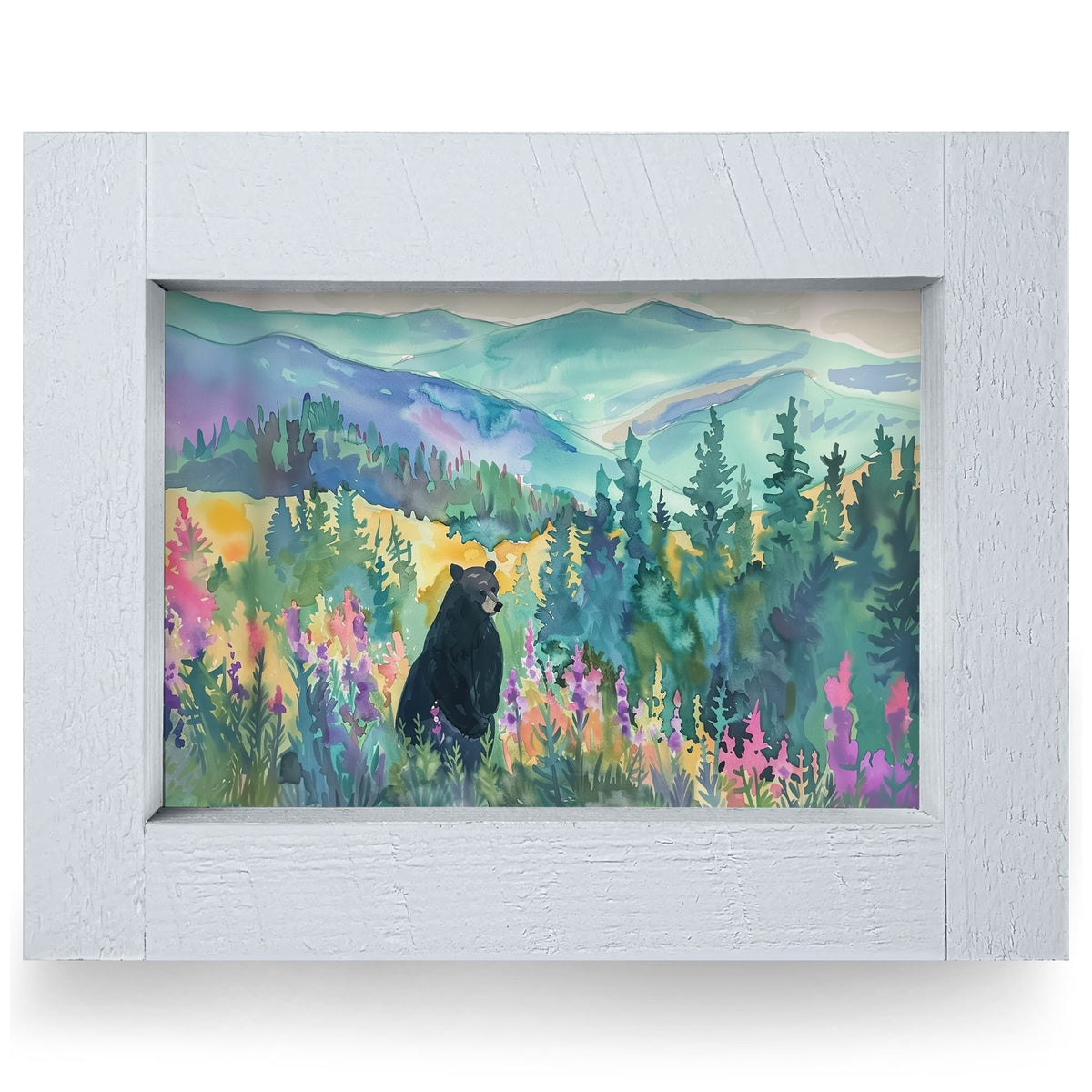 Black Bear Watercolor | Real Wood Framed Wall Art Print | Horizontal