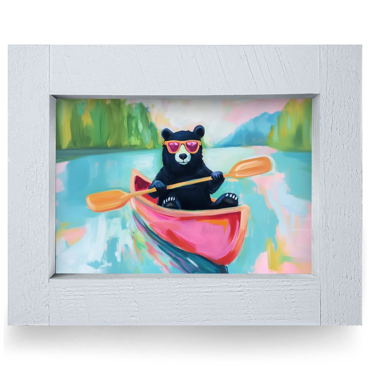 Cool Canoe Black Bear | Real Wood Framed Wall Art Print | Horizontal