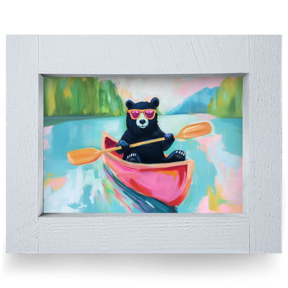 Cool Canoe Black Bear | Real Wood Framed Wall Art Print | Horizontal