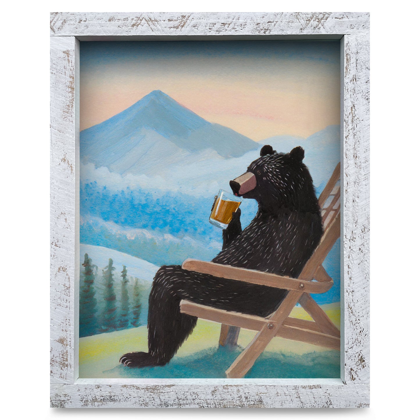 Bear Beer Chair Mountains | Real Wood Framed Wall Art Print