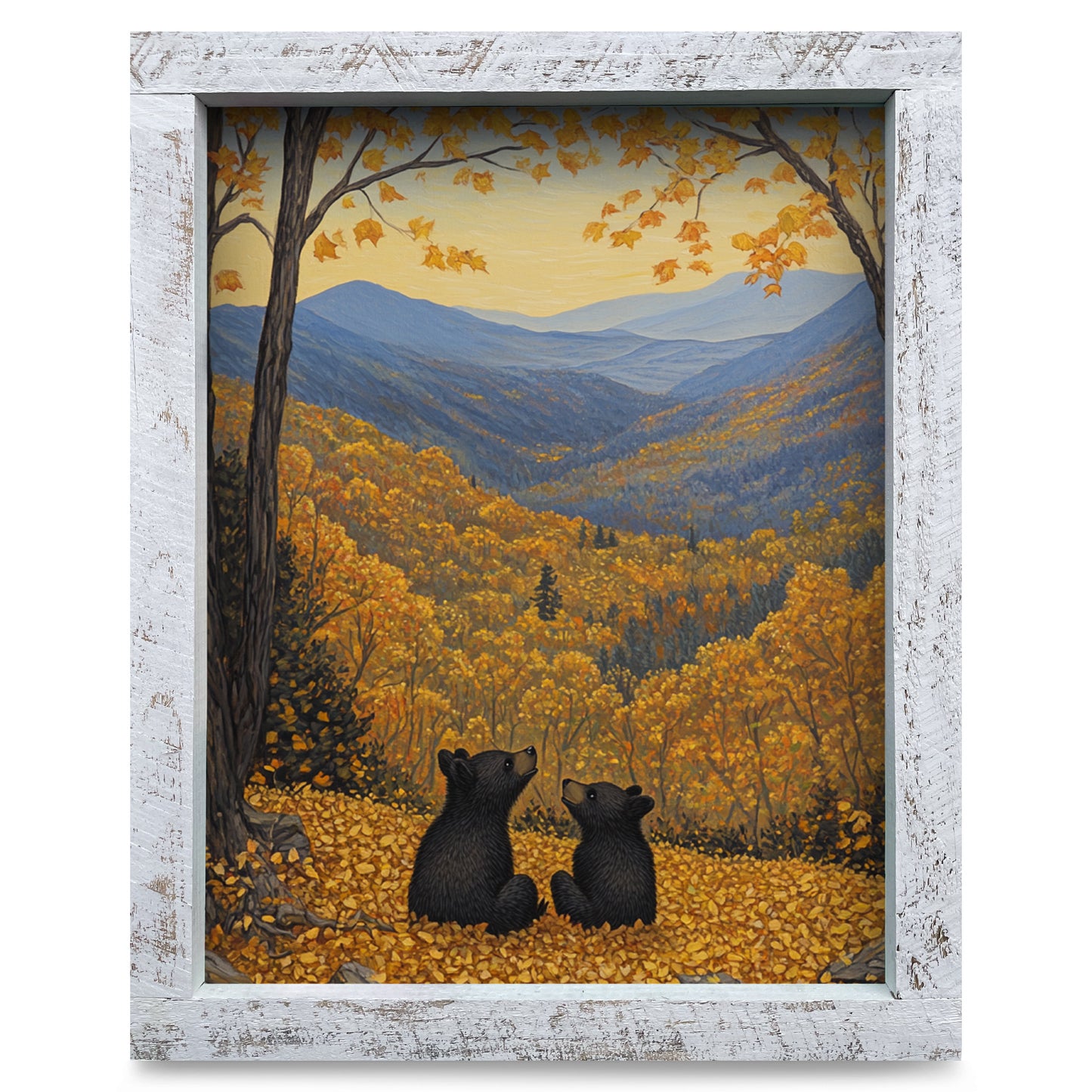 Golden Fall Black Bear Cubs | Real Wood Framed Wall Art Print