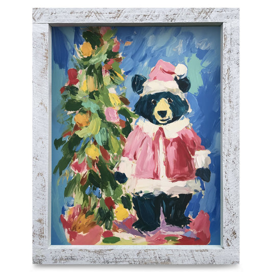 Festive Santa Black Bear | Real Wood Framed Wall Art Print