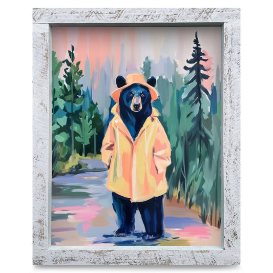 Raincoat Black Bear | Real Wood Framed Wall Art Print