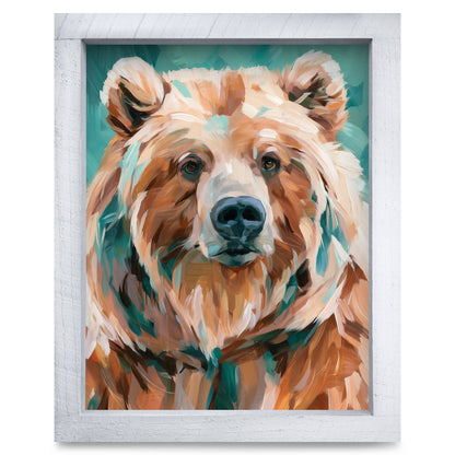 Teal Grizzly Bear Portrait | Real Wood Framed Wall Art Print