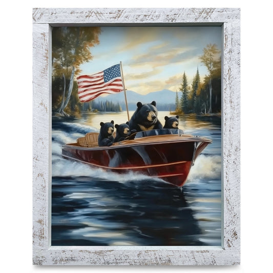 Bear Family Boat Ride | Real Wood Framed Wall Art Print