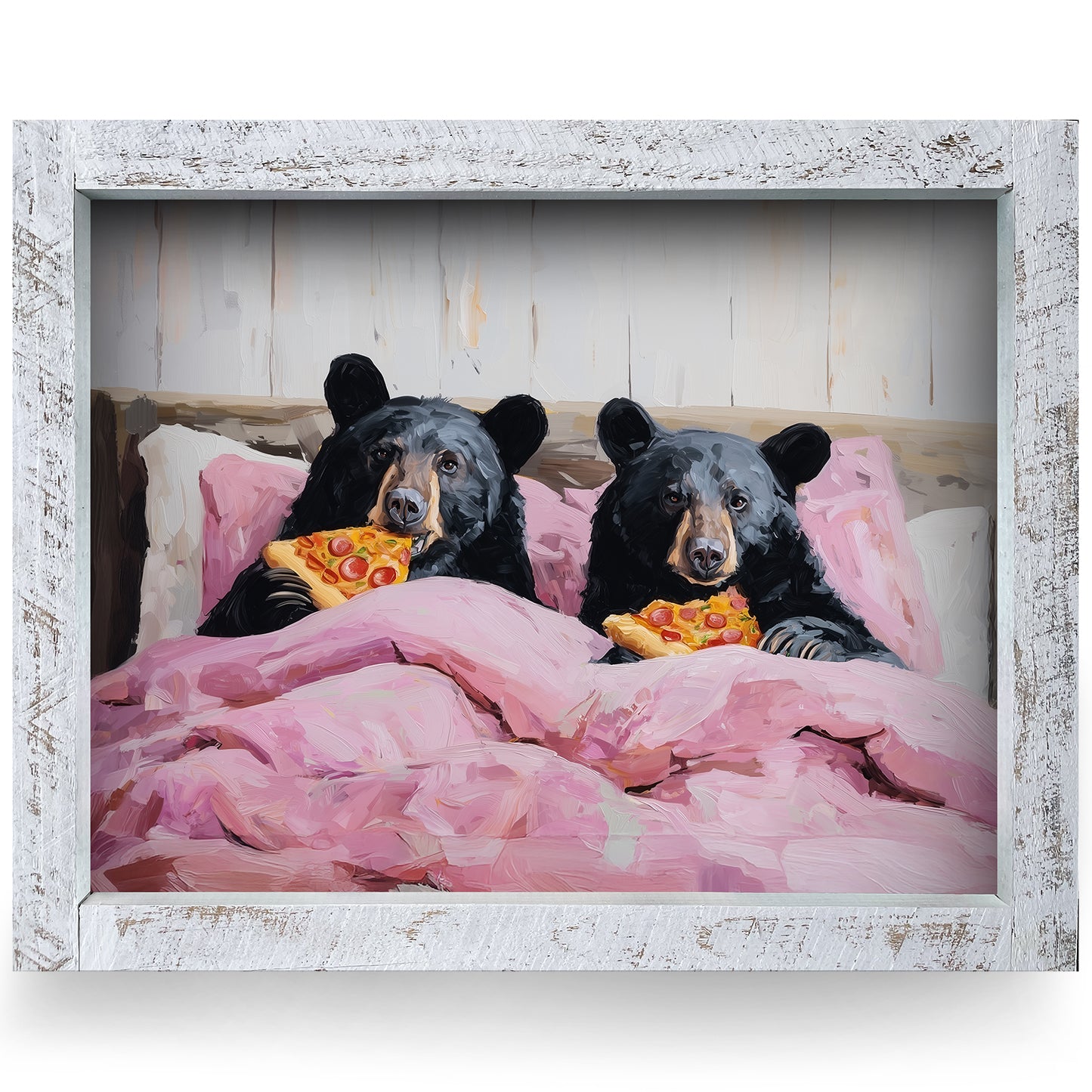 Bear-flix & Pizza | Real Wood Framed Wall Art Print | Horizontal