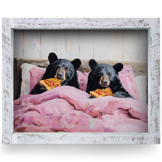 Bear-flix & Pizza | Real Wood Framed Wall Art Print | Horizontal