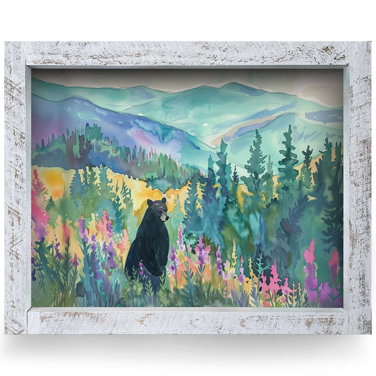 Black Bear Watercolor | Real Wood Framed Wall Art Print | Horizontal