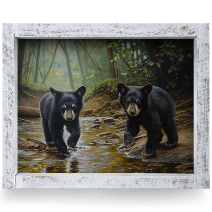 Playful Black Bear Cubs | Real Wood Framed Wall Art Print