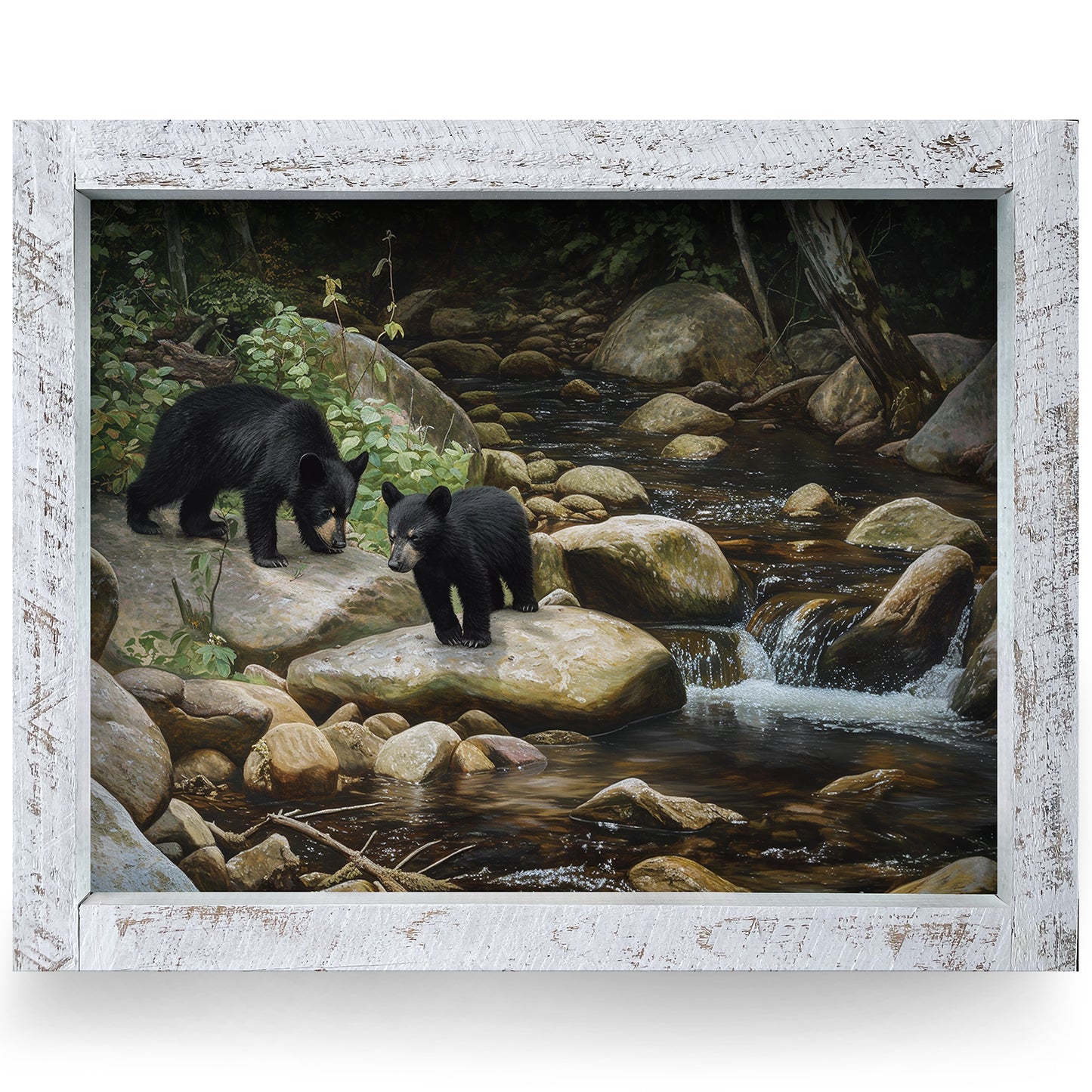 Streamside Black Bear Cubs| Real Wood Framed Wall Art Print