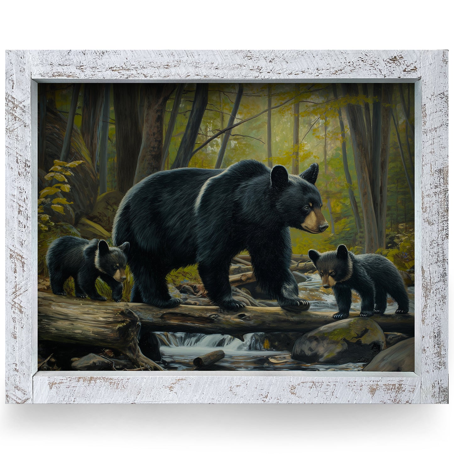 Black Bear Family | Real Wood Framed Wall Art Print