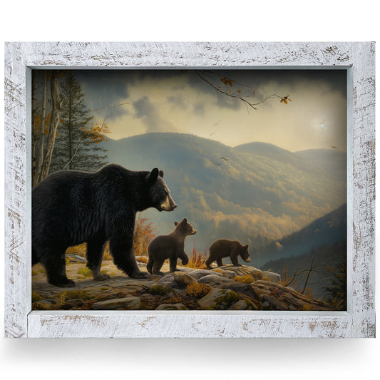 Hazy Black Bear Family | Real Wood Framed Wall Art Print