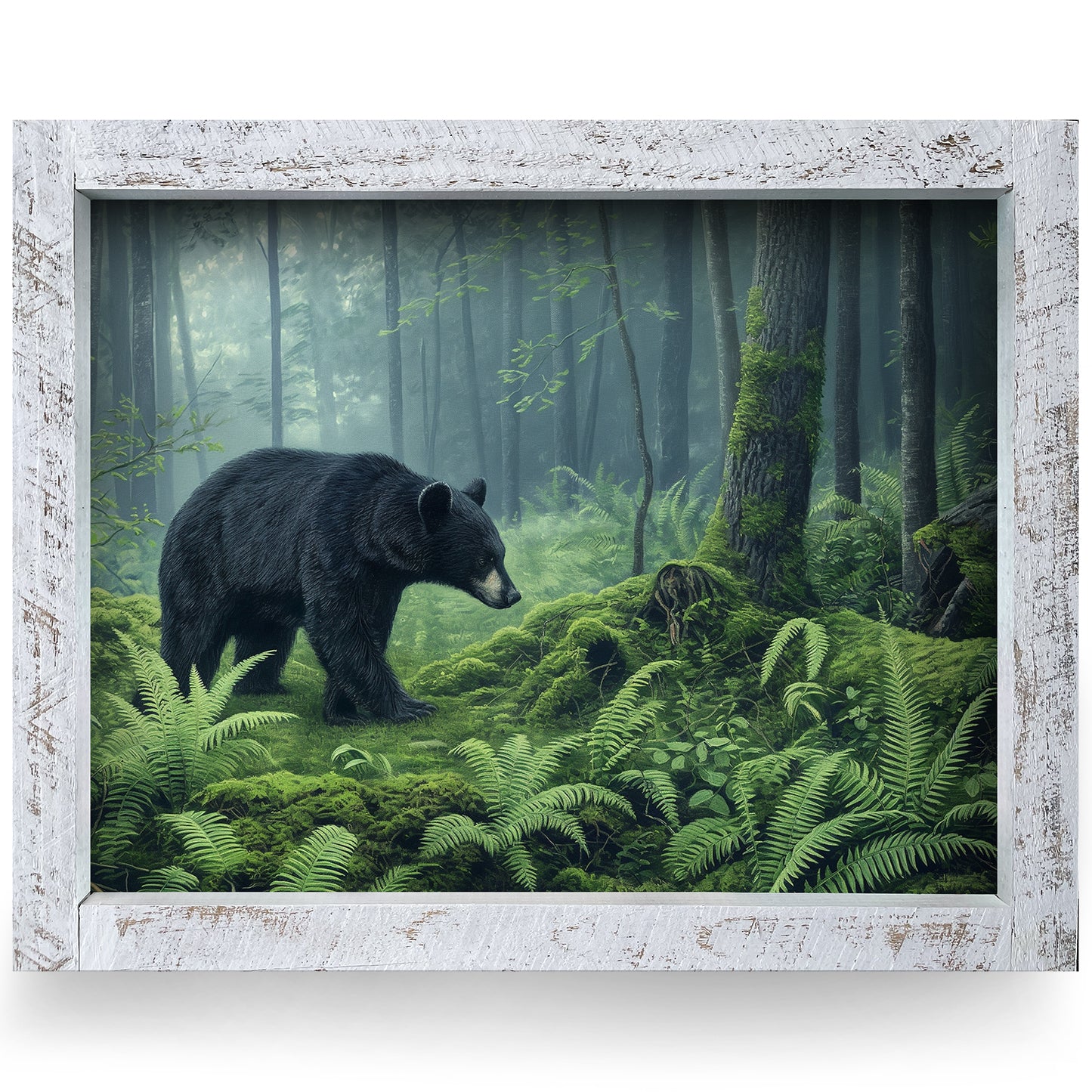 Black Bear Forest Ferns | Real Wood Framed Wall Art Print