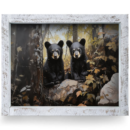 The Cutest Black Bear Cubs | Real Wood Framed Wall Art Print | Horizontal