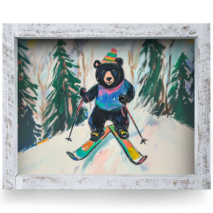 Black Bear Skier | Real Wood Framed Wall Art Print | Horizontal