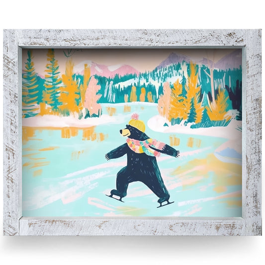 Black Bear Ice Skater | Real Wood Framed Wall Art Print | Horizontal