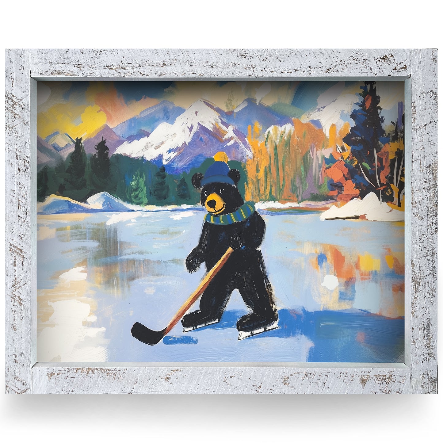 Black Bear Hockey Player | Real Wood Framed Wall Art Print | Horizontal