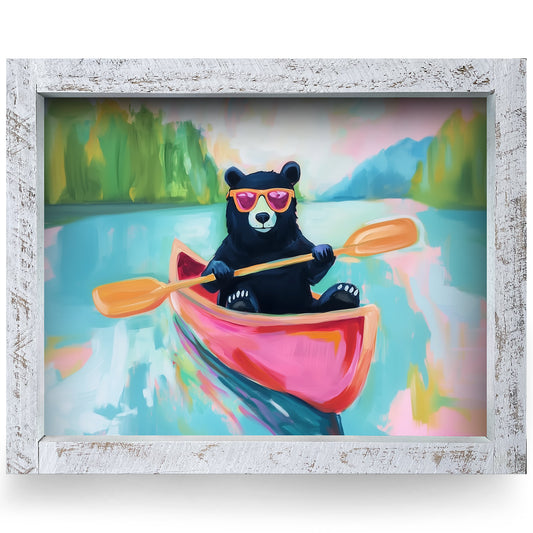 Cool Canoe Black Bear | Real Wood Framed Wall Art Print | Horizontal