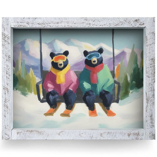 Ski Day Bears | Real Wood Framed Wall Art Print