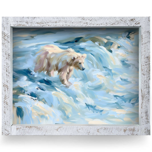 Polar Bear Salmon Run | Real Wood Framed Wall Art Print