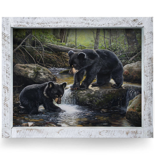 Bear Cubs Woodland Stream | Real Wood Framed Wall Art Print