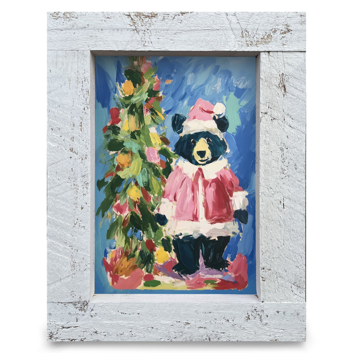 Festive Santa Black Bear | Real Wood Framed Wall Art Print