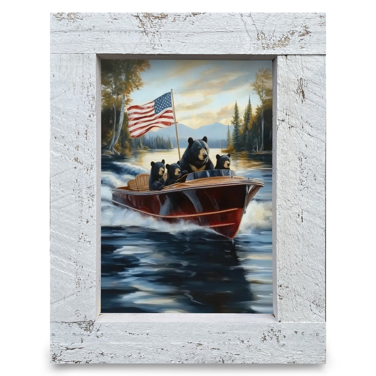 Bear Family Boat Ride | Real Wood Framed Wall Art Print