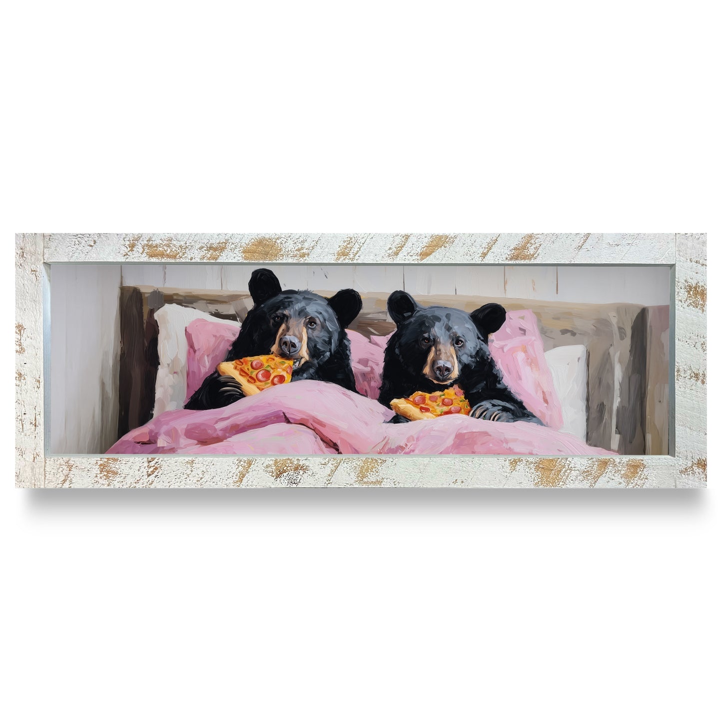 Bear-flix & Pizza | Real Wood Framed Wall Art Print | Skinny