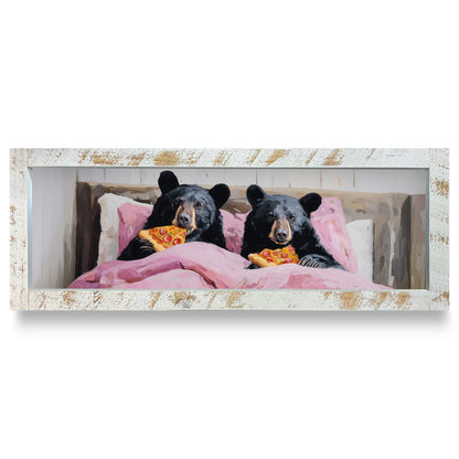 Bear-flix & Pizza | Real Wood Framed Wall Art Print | Skinny