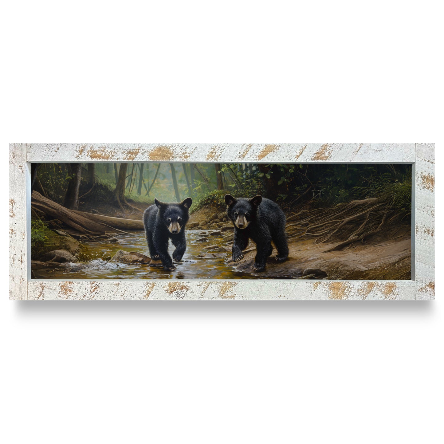 Playful Black Bear Cubs | Real Wood Framed Wall Art Print | Skinny