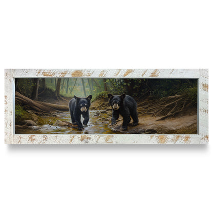 Playful Black Bear Cubs | Real Wood Framed Wall Art Print | Skinny