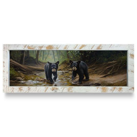 Playful Black Bear Cubs | Real Wood Framed Wall Art Print | Skinny